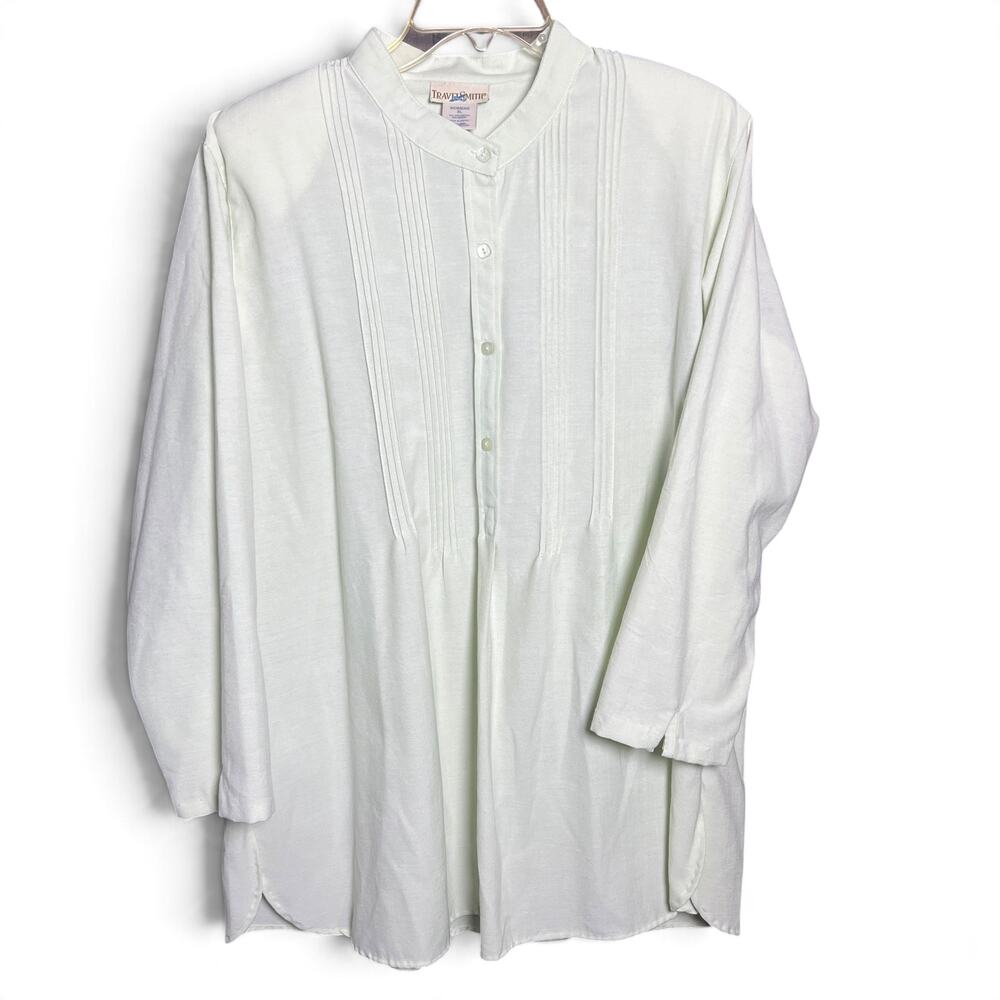 TravelSmith Pale Yellow Long Sleeve Button Front Pintuck Tunic Top Size XL